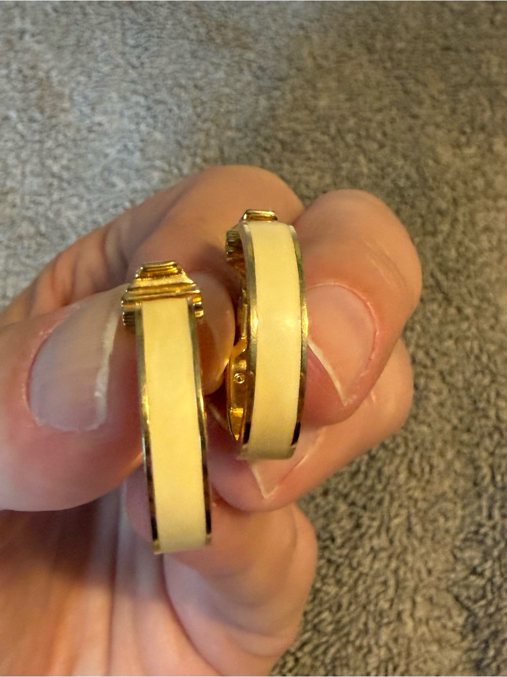Vintage Gold Tone Cream Enamel Hoop Clasp Earrings